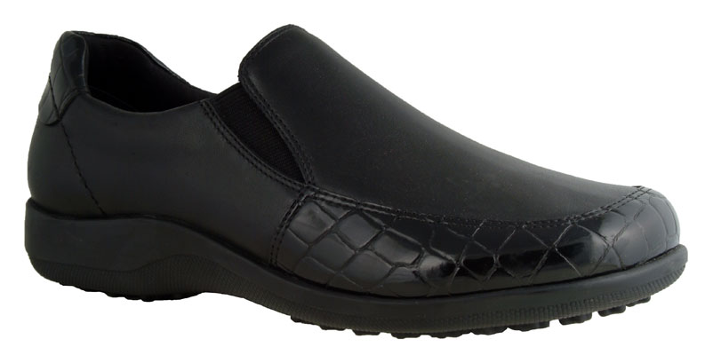 ANDIE, BLACK LEATHER/CROC PATENT ANDIE, BLACK LEATHER/CROC PATENT