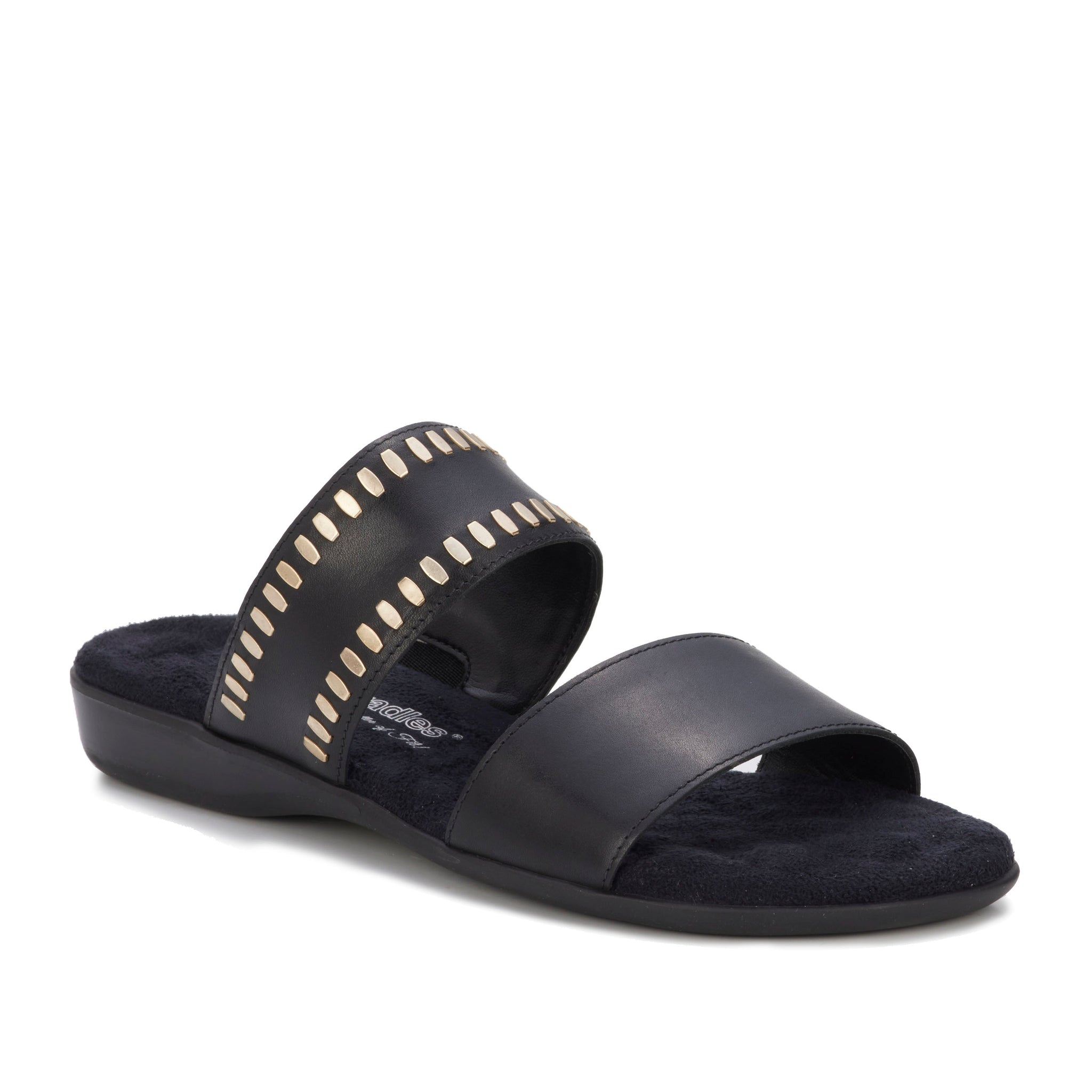Black Leather Slide Sandal with Metal Accents