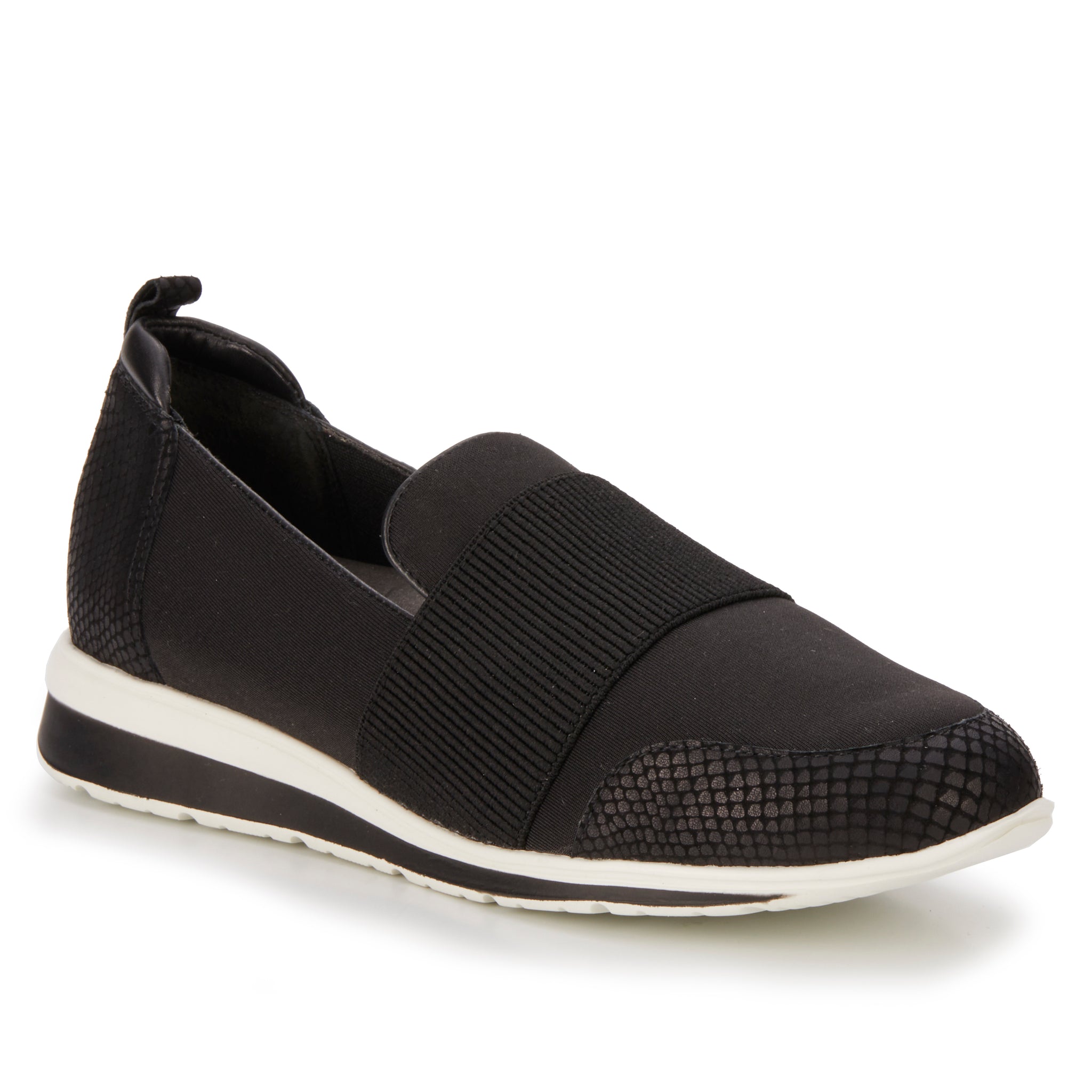 Dakota Slip-On Sneaker: Black Stretch Fabric/Leather/Matte Snake Print