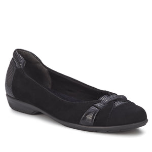 Freya Casual Flat: Black Nubuck/Black Patent Lizard Print