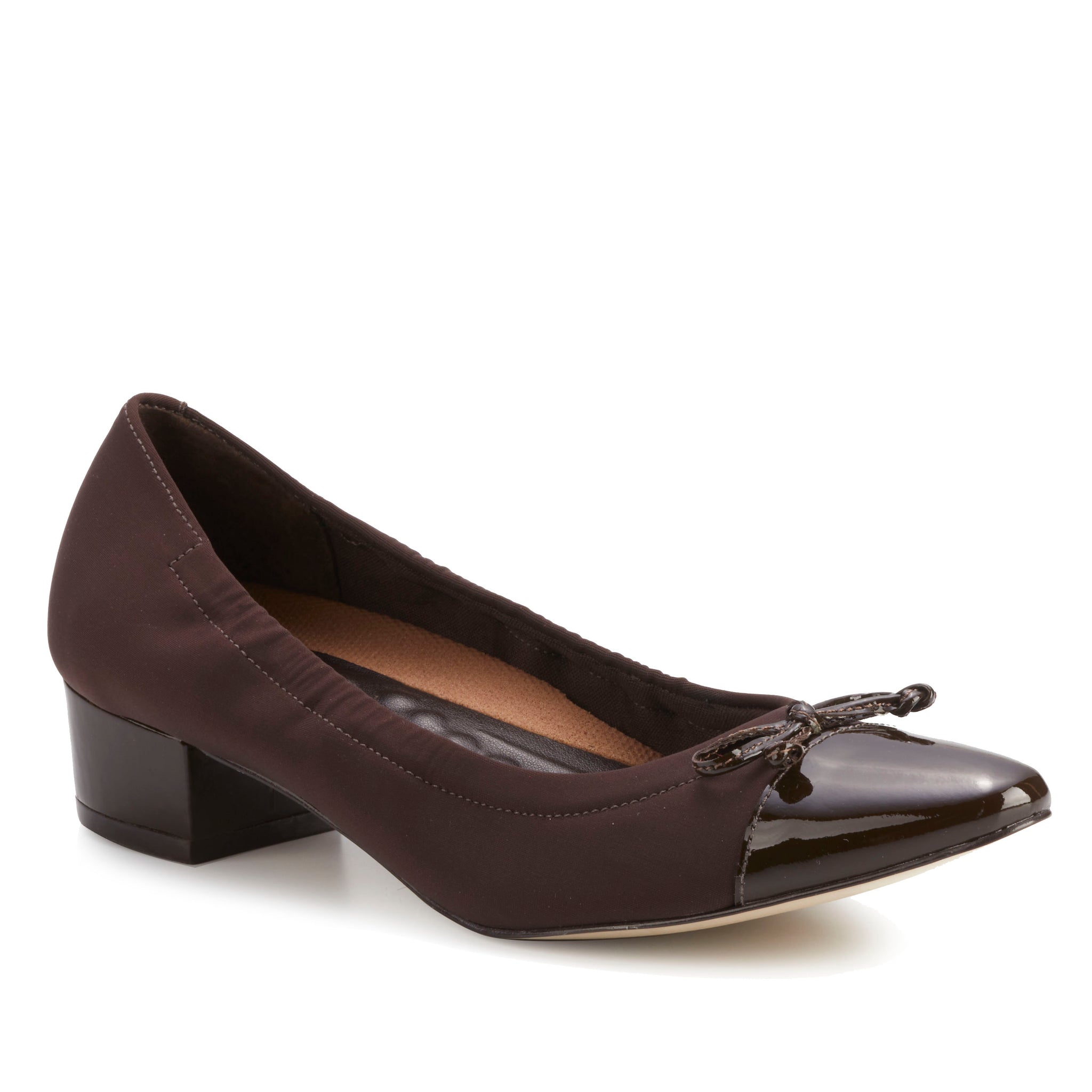 Hollis Pump: Brown Micro Fabric with Patent Leather