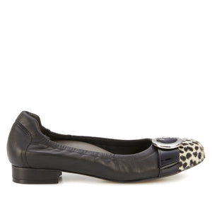 Nadia Flat: Black Leather/Ivory Cheetah/Black Patent LIMITED STOCK