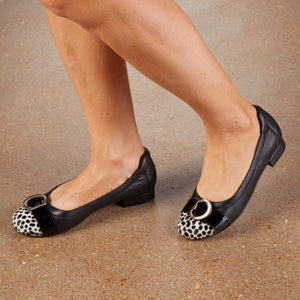 Nadia Flat: Black Leather/Ivory Cheetah/Black Patent LIMITED STOCK